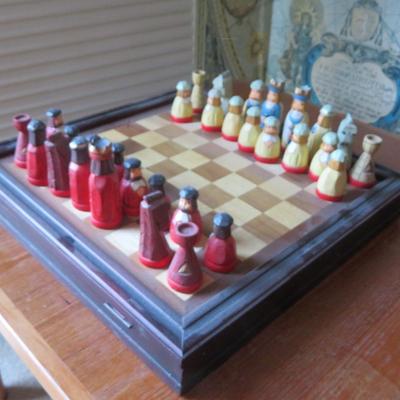 Hand Crafted Large Wooden Chess Set Swords & Shields Red & Blue 20" - Missing the blue Queen