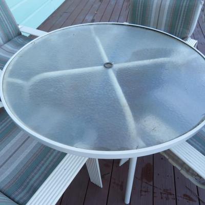 Patio Furniture - Outdoor Glass Top Round White Frame Table 4 Standard Chairs