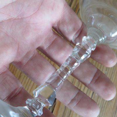 8 ANTIQUE WINE GLASSES 5 7/8" Tall Delicate Pressed Glass with Etched Floral Design and Stacked Cube Stems Elegant Dining