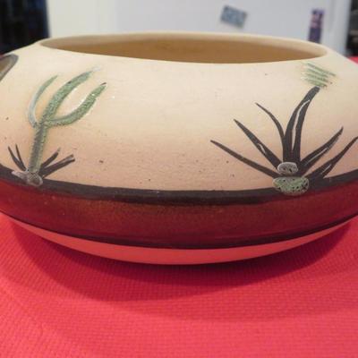 Vintage Betty Selby signed Southwest Pottery Wagon Wheel Cactus Desert 8â€ X 3.5â€