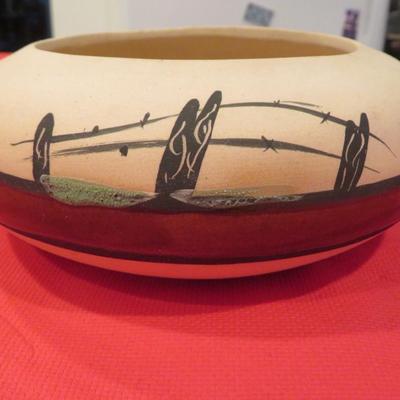 Vintage Betty Selby signed Southwest Pottery Wagon Wheel Cactus Desert 8â€ X 3.5â€