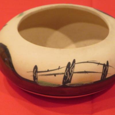 Vintage Betty Selby signed Southwest Pottery Wagon Wheel Cactus Desert 8â€ X 3.5â€