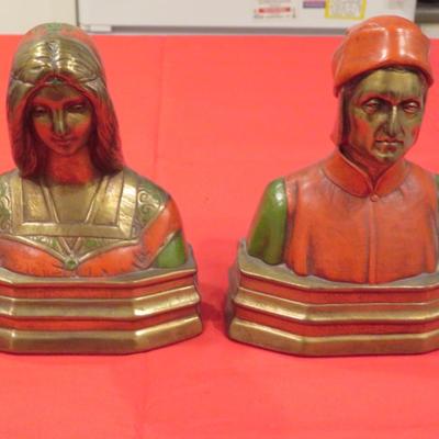 ARMOR BRONZE BOOKENDS *BEATRICE & DANTE* ORIGINAL PAINT c.1920