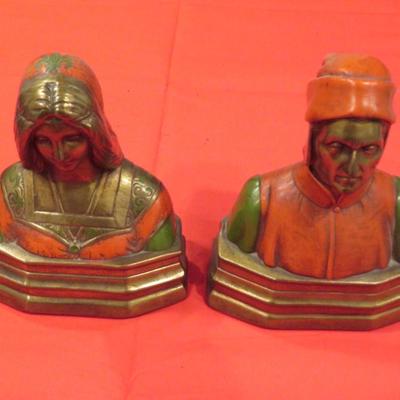 ARMOR BRONZE BOOKENDS *BEATRICE & DANTE* ORIGINAL PAINT c.1920