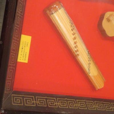 ASIAN ORIENTAL STRINGED MUSICAL INSTRUMENT FRAMED SHADOW BOX ART - NICE!