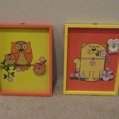 Vintage Woodland Nursery Childs Decor Wall Art w/ Magnet - Lot of 2 - Owls & Cat