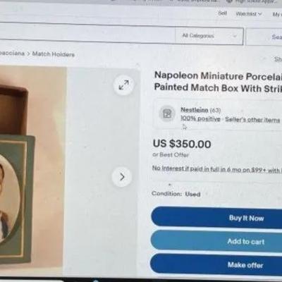 Vintage Napoleon Miniature Porcelain Hand Painted Cameo Match Box with Striker Panel Scarce Find.