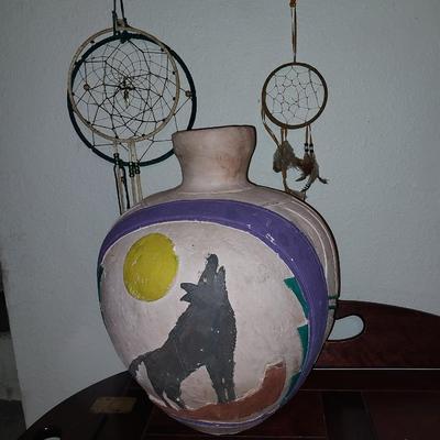 PAINTED CLAY JUG AND TWO SMALL DREAM CATCHERS