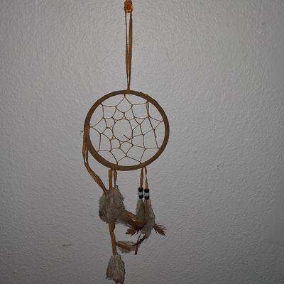 PAINTED CLAY JUG AND TWO SMALL DREAM CATCHERS
