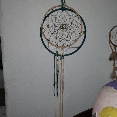 PAINTED CLAY JUG AND TWO SMALL DREAM CATCHERS