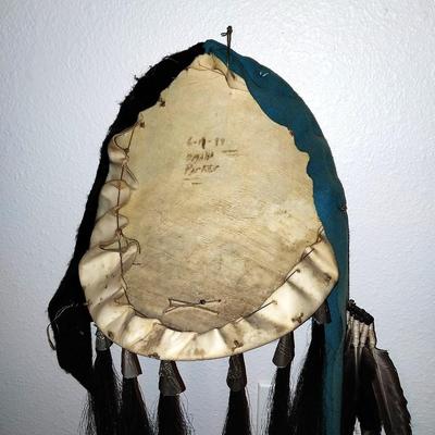 NATIVE AMERICAN HAND PAINTED WALL HANGING ON LEATHER