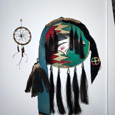 NATIVE AMERICAN HAND PAINTED WALL HANGING ON LEATHER