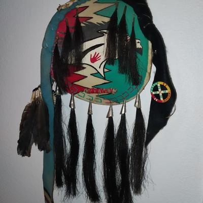 NATIVE AMERICAN HAND PAINTED WALL HANGING ON LEATHER