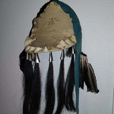 NATIVE AMERICAN HAND PAINTED WALL HANGING ON LEATHER