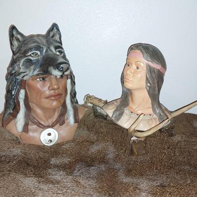 ANTLER STAND AND TWO INDIAN HEAD FIGURINES