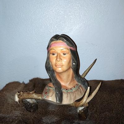 ANTLER STAND AND TWO INDIAN HEAD FIGURINES