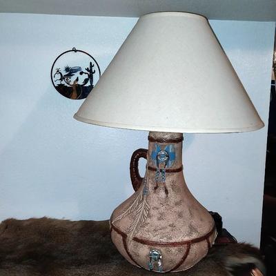 NATIVE AMERICAN THEMED LAMP AND METAL WALL HANGING