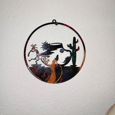 NATIVE AMERICAN THEMED LAMP AND METAL WALL HANGING