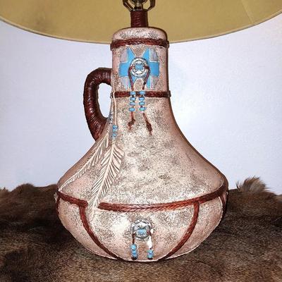 NATIVE AMERICAN THEMED LAMP AND METAL WALL HANGING