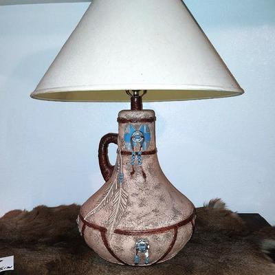 NATIVE AMERICAN THEMED LAMP AND METAL WALL HANGING
