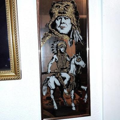 DISPLAY CASE WITH FOSSIL ARROW HEADS AND GOLD TONEMIRROR WITH NATIVE AMERICAN THEME