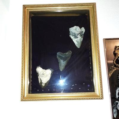 DISPLAY CASE WITH FOSSIL ARROW HEADS AND GOLD TONEMIRROR WITH NATIVE AMERICAN THEME