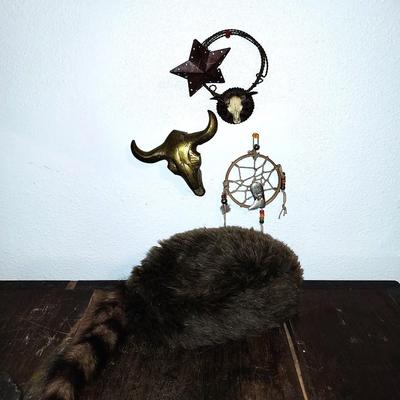RACCON HAT- DECRO WALL HANGING-BRASS BULL SKULL