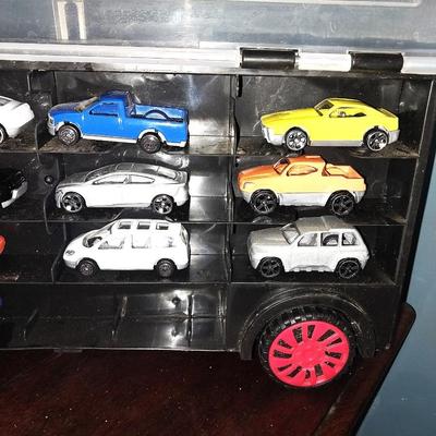 SEMI TRUCK CAR HOLDER FILLED WITH HOTWHEELS/MATCHBOX CARS ON BOTH SIDES