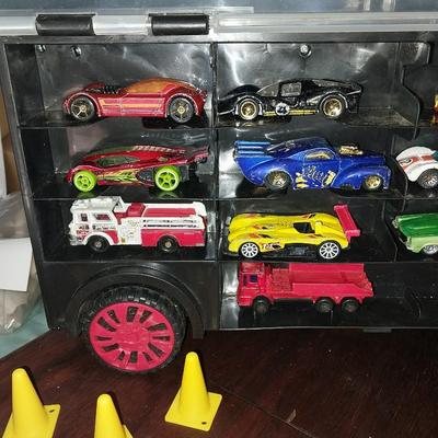SEMI TRUCK CAR HOLDER FILLED WITH HOTWHEELS/MATCHBOX CARS ON BOTH SIDES