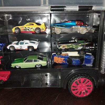 SEMI TRUCK CAR HOLDER FILLED WITH HOTWHEELS/MATCHBOX CARS ON BOTH SIDES