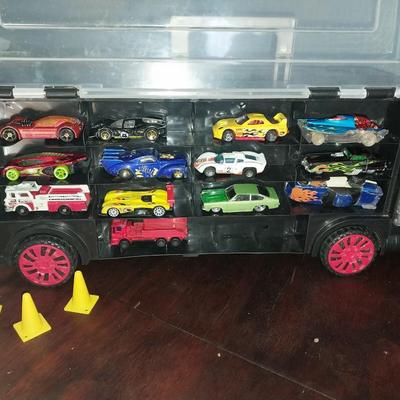 SEMI TRUCK CAR HOLDER FILLED WITH HOTWHEELS/MATCHBOX CARS ON BOTH SIDES