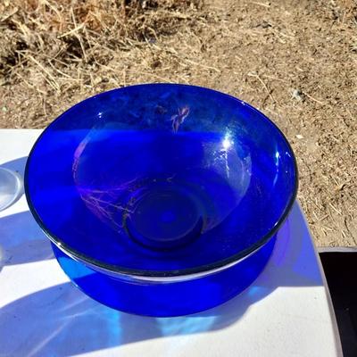BLUE GLASS SERVING BOWL AND DRINKING GLASSES