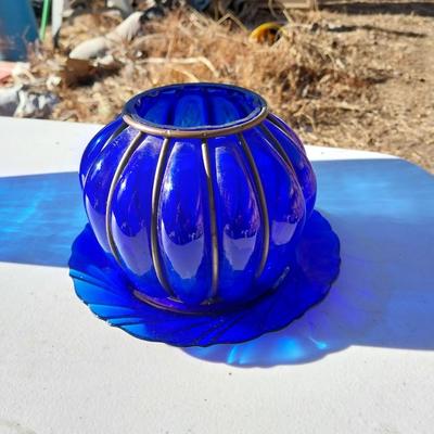 BLUE GLASS VASE AND CANDLE HOLDER