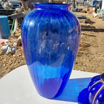 BLUE GLASS VASE AND CANDLE HOLDER