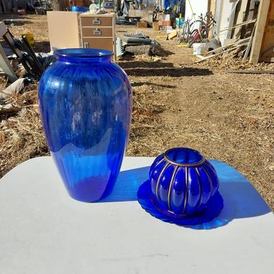 BLUE GLASS VASE AND CANDLE HOLDER