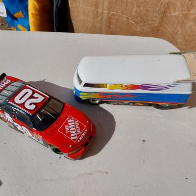 DIECAST HOME DEPOT RACE CAR AND 1969 HOTWHEELS VW BUS FULL SIZE