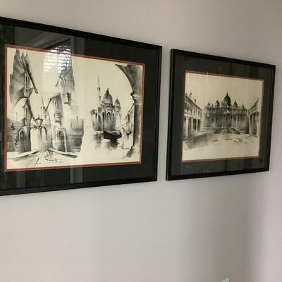 2 black & white architectural prints framed 27"H 33"W