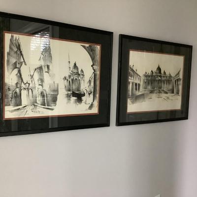 2 black & white architectural prints framed 27