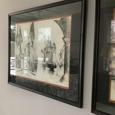 2 black & white architectural prints framed 27