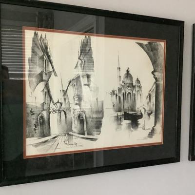 2 black & white architectural prints framed 27"H 33"W