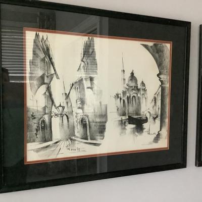 2 black & white architectural prints framed 27