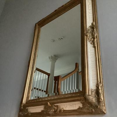 Beveled ornately gold crackled framed mirror 48"H 36"W