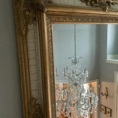 Beveled ornately gold crackled framed mirror 48"H 36"W