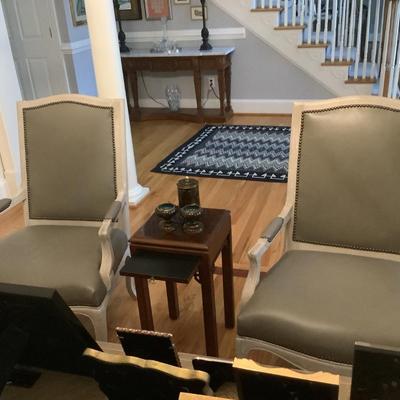 2 Quality Nail Head Grey Leather Chairs 40"H 27"W 20" seat depth