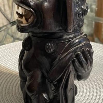 VINTAGE Asian c1900 Hand Carved Hard Wooden Foo Dog Lion Figure 8.25" Tall & 5.5" Wide in Good Preowned Condition as Pictured.