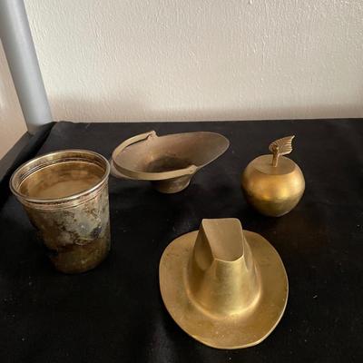 VINTAGE BRASS ITEMS AND SILVER PLATED CUP