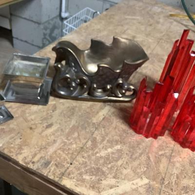 Red glass candle holders, metal sleigh, 2 metal pots