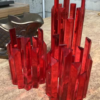 Red glass candle holders, metal sleigh, 2 metal pots