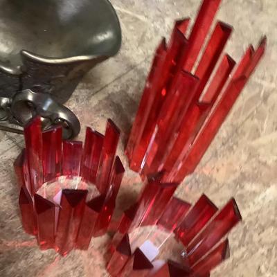 Red glass candle holders, metal sleigh, 2 metal pots