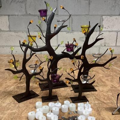 Fall/Halloween Decor 5 metal trees with glass holders for candles/battery operated candles included